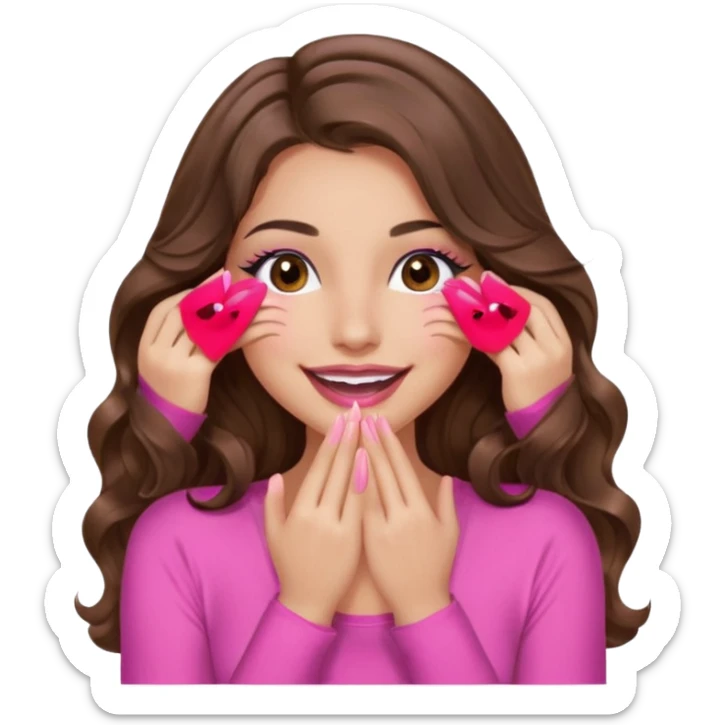girl with long wavy brown hair, brown eyes, long lashes, sexy pink lips, light to medium complexion, wearing a pink sexy top, smiling, hands covering over the eyes sticker