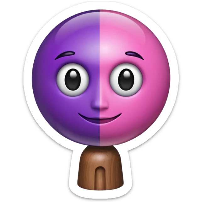A half pink half purple ball with a face wooden stem followed by a glass stem on top sticker