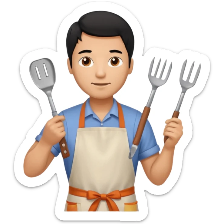 man cooking barbecue full-body black hair brown skin sticker