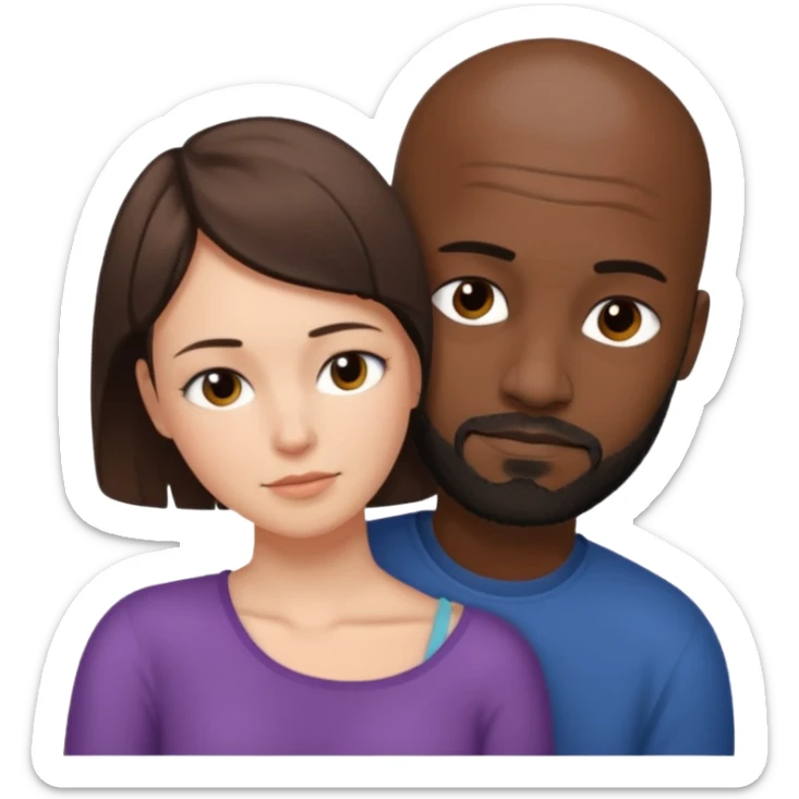 there is a white woman with short brown hair and a black man with no hair and a beard. The woman puts her head on the man's shoulder sticker
