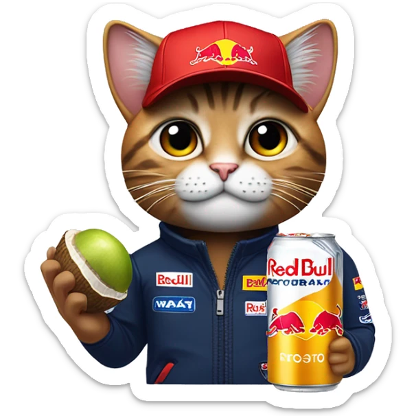 cat wearing a max verstappen formula 1 red bull racing cap and holding a coconut redbull can   sticker