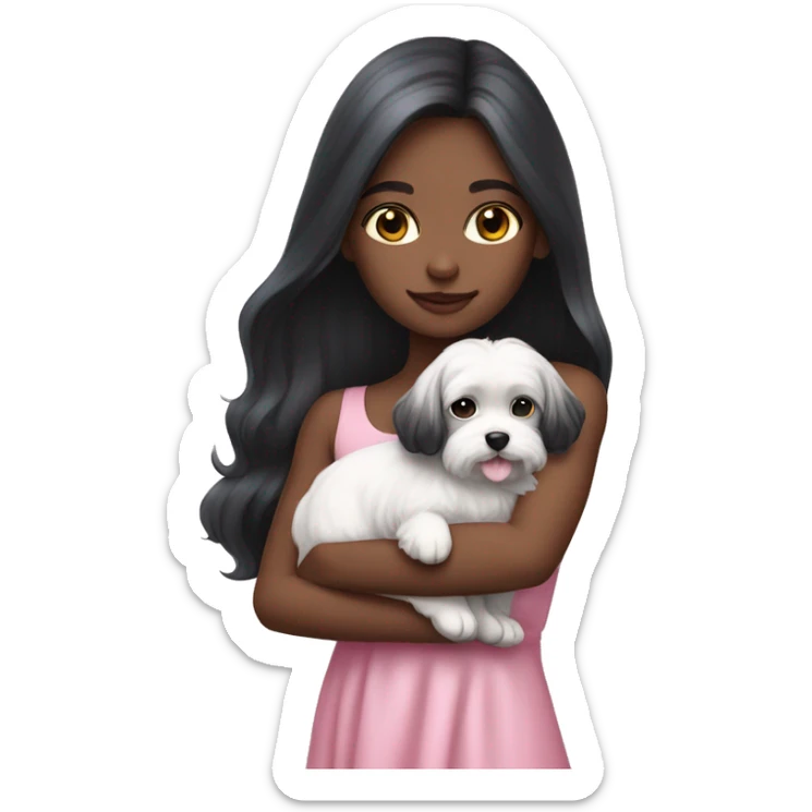 Black long hair blue eyes girl with maltese puppy with pink dress sticker