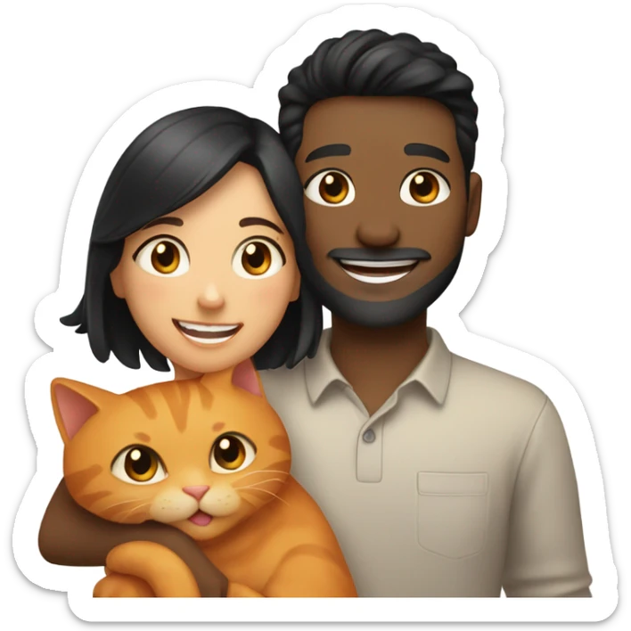 a happy light-brown woman with black hair and a happy brown man with brown hair in white long sleeve are family and holding an orange cat sticker