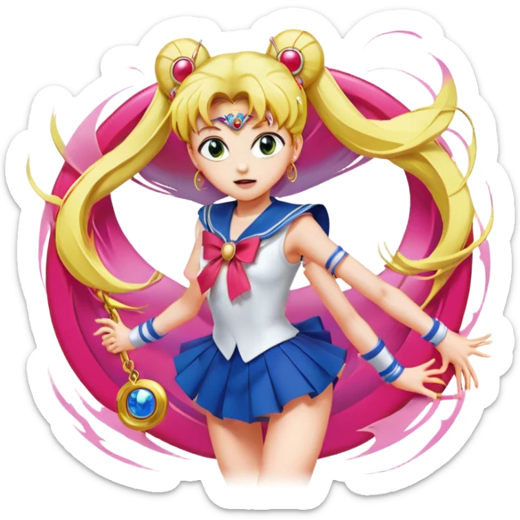 Icon for Anime: vibrant, dynamic scene with characters of Bishoujo Senshi Sailor Moon in action, featuring exaggerated expressions and colorful backgrounds. The design should reflect the distinct, energetic style of anime, with iconic eyes and unique visual elements. Transparent background. sticker