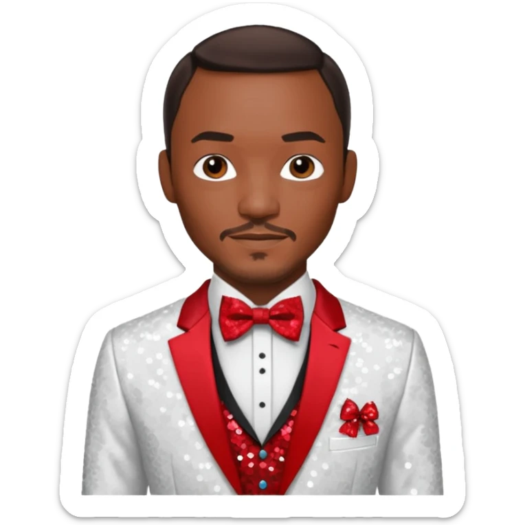 Anthony Mackie with dark brown hair, red shirt, white sequin suit jacket with bow tie sticker