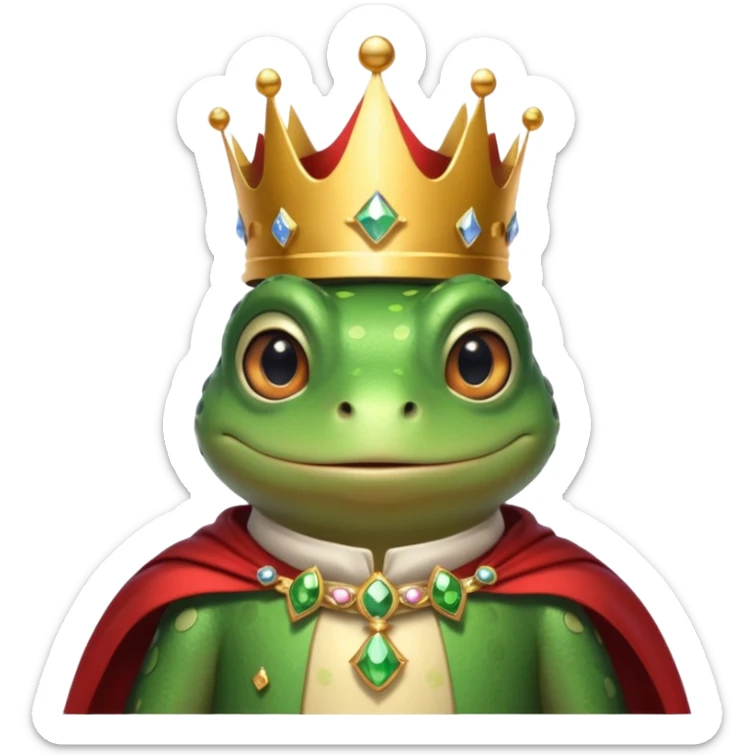 frog king portrait, head and shoulders only, small jeweled crown, royal cape collar, wise friendly eyes, fairy-tale vibe, 3D cartoon, mobile game icon style, clean background, no text, no watermark
 sticker