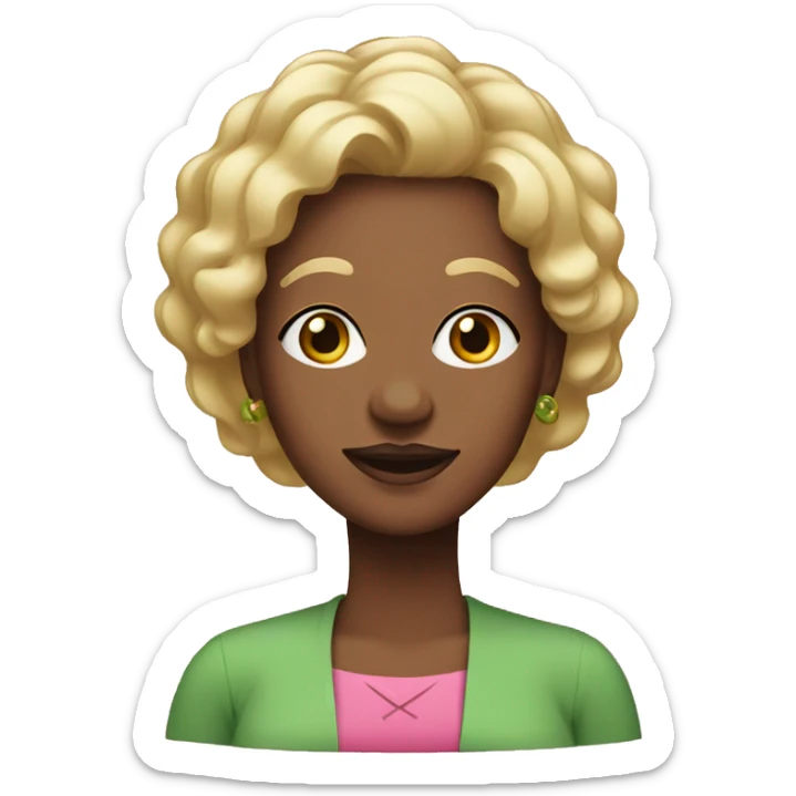 Older black woman with short golden blonde wearing pink and green hair sticker