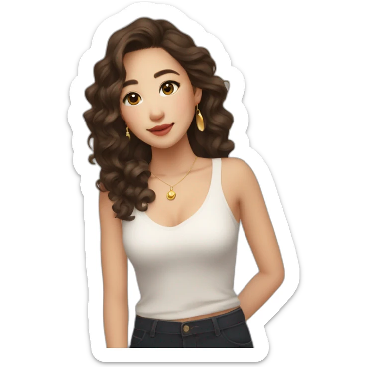 create an emoji of myself 30 year old female half asian brown hair and hazel eyes collar bone length loose curls hair with little gold earrings sticker
