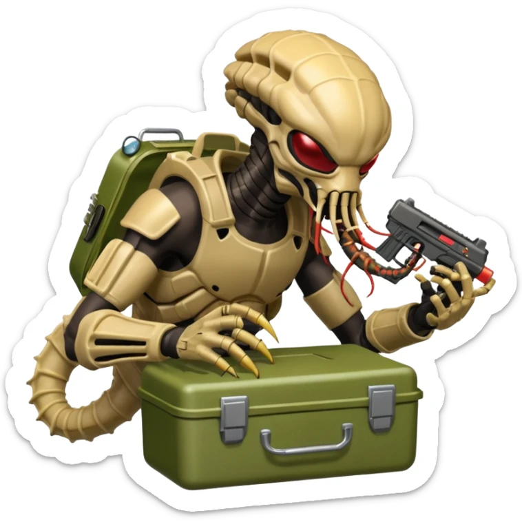 The Predator, as in the 1987 movie, with full armor, shoulder laser gun and mask eating an Alien facehugger from a lunchbox, the setting should be dark and sci-fi. sticker