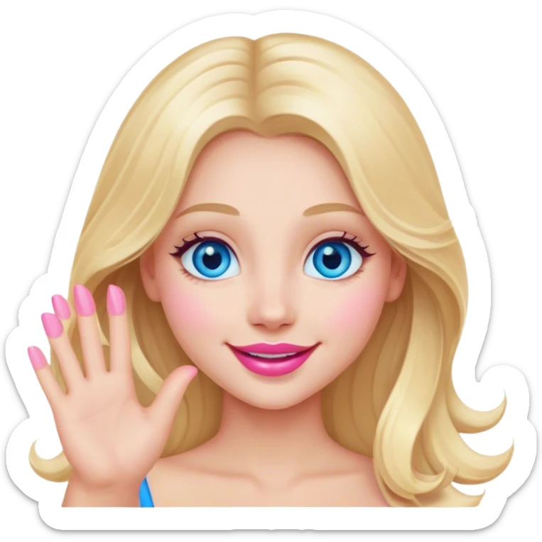 A beautiful blonde girl with long hair, blue eyes, pink lips and a sweet smile  arm hello sticker