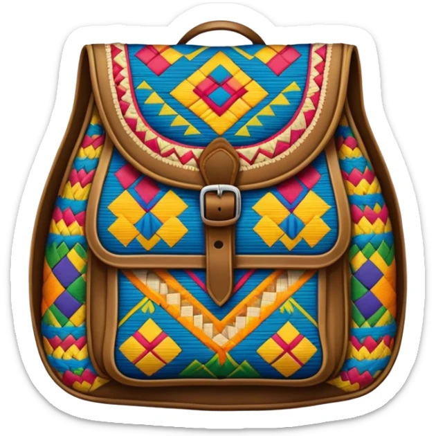 Cinematic Realistic image of a traditional Colombian mochila, rendered with detailed woven textures and vibrant patterns, set against a rustic backdrop with soft, cultural lighting sticker