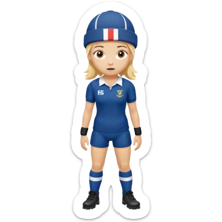 chica rubia con cara de miedo vestida con equipación de rugby y una casqueta en la cabeza metida en unas botas de presoterapia sticker