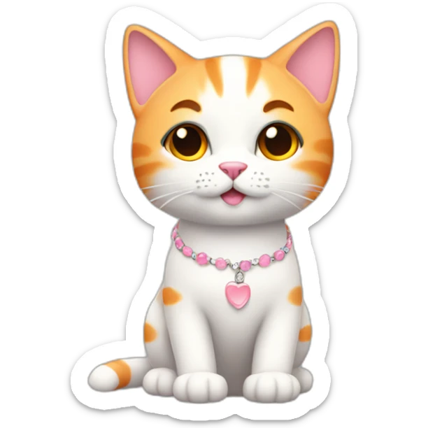 full body white orange cat cute with a small black eyes and a paw pink necklace sticker