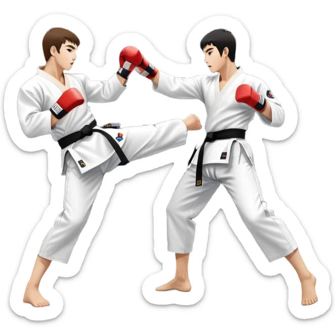 Two taekwondo fighters in traditional white doboks with black belts compete in a dynamic match. One executes a high spinning kick, while the other blocks skillfully. The background features a professional arena with bright lights and spectators. Transparent background. sticker