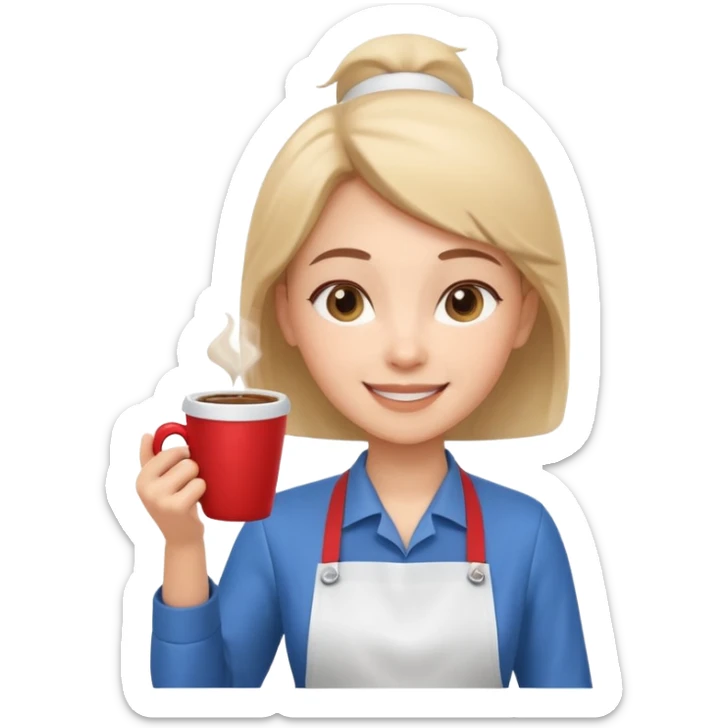 cute barista portrait, head and shoulders only, wearing apron, coffee shop uniform, friendly smile, holding a small coffee cup, 3D cartoon, mobile game icon style, clean background, no text, no watermark
 sticker