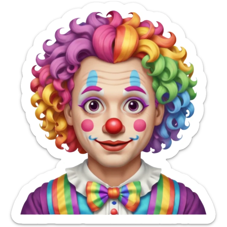 Middle-age man with Curly rainbow hair of clown — soft pastel curls tied high sticker