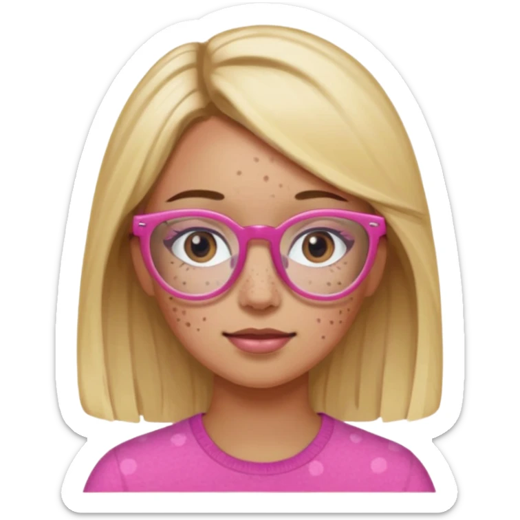 Innocent blonde woman with black eyes and light  brown skin and pink glasses and freckles  sticker