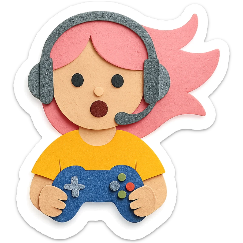 girl with pink hair streaming and playing video games, in Paper Craft style sticker