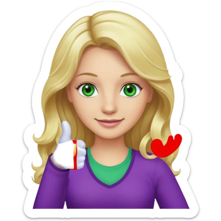 lady with long wavy blonde hair, purple top, green eyes, thumbs up sticker