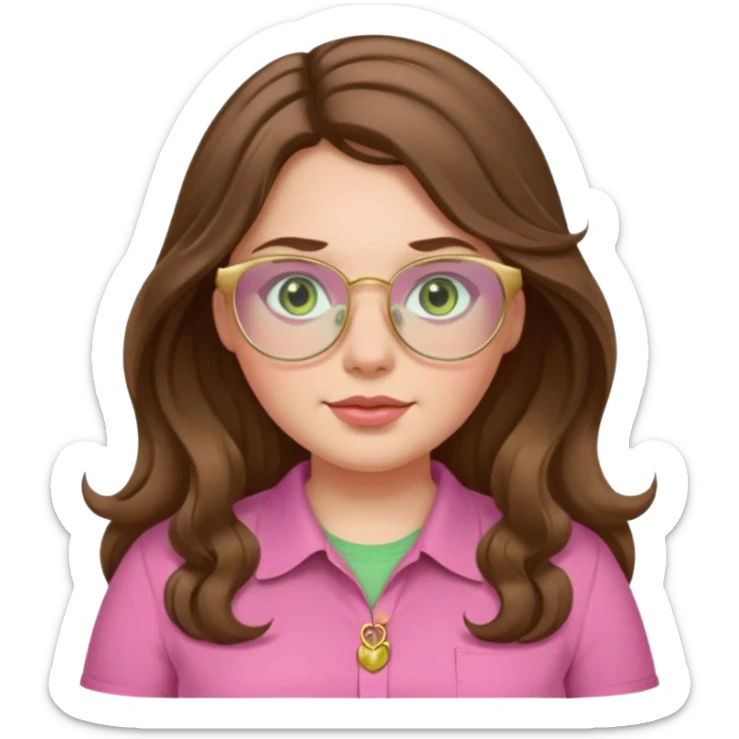 Girl girl long wavy brown hair with middle part, pale green eyes, plus size, pink shirt, gold rimmed glasses sticker