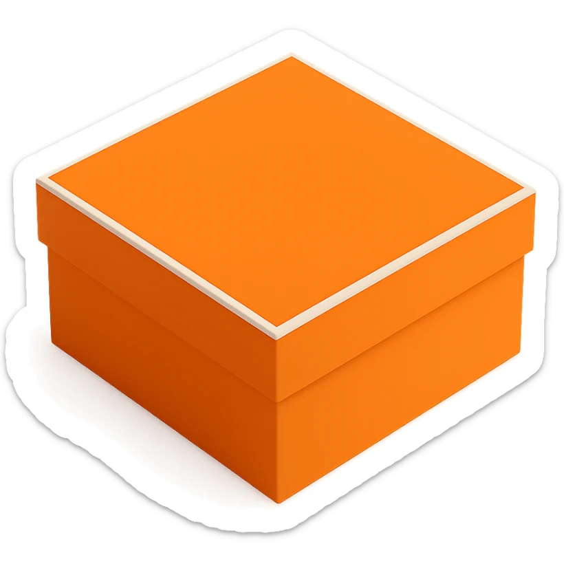 3D style orange Hermès box, same square shape and proportions as reference, clean, elegant, minimal, no logo, on white or transparent background sticker