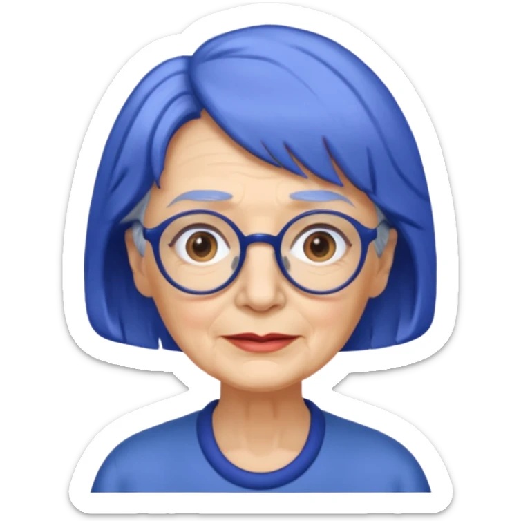 old lady with cobalt hair, wearing glasses, slight curl short hair, long face sticker