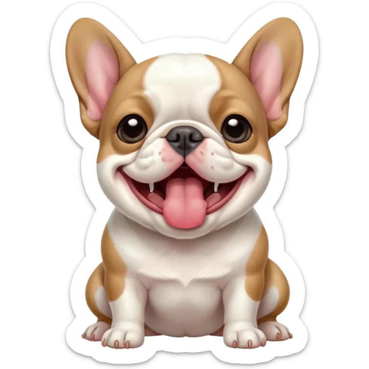 Cinematic Cute Yawning Pied French Bulldog Portrait Emoji, Head tilted with an exaggerated, endearing yawn and sleepy, squinty eyes, showcasing a unique pied fur of contrasting colors with a playful expression, simplified yet irresistibly adorable, highly detailed, glowing with a soft, cozy radiance, high shine, exuding a relaxed, humorous charm, styled with a gentle, soft glowing outline, capturing the essence of a Pied French Bulldog in a blissfully cute yawn that warms the heart! sticker