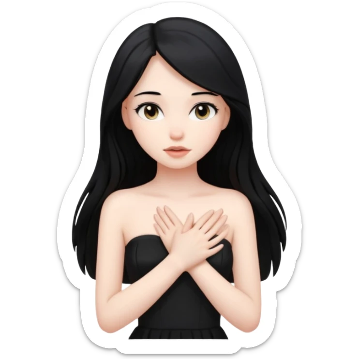 Pale girl with long black hair and black strapless dress with hands over her heart sticker