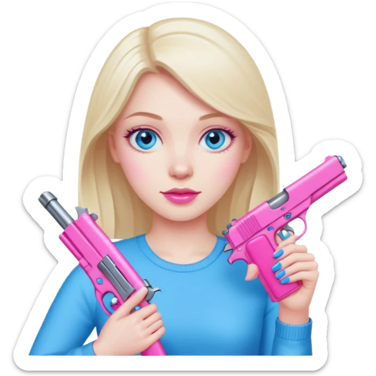 White Girl hand pink nails holding pink gun with blue eyes sticker
