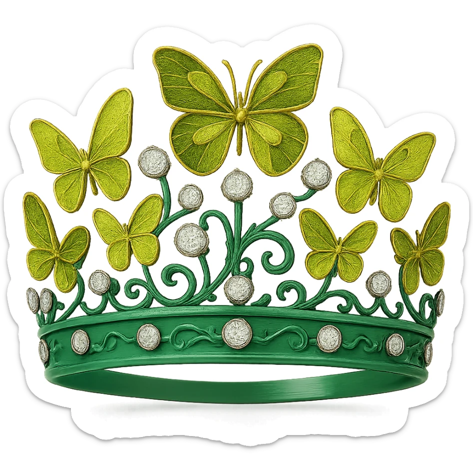 butterfly crown with a jade green base, just a couple of olive and lime green enamel butterflies, sparkling gems sticker