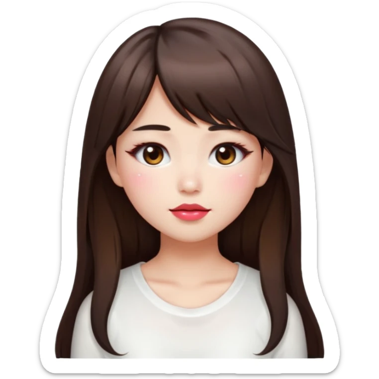 “japanese style Emoji brunette girl long hair with side bangs white top, dewy skin, heavy blush across cheeks and nose bridge, glossy cherry lips, soft eyeliner, teary sparkling eyes sticker
