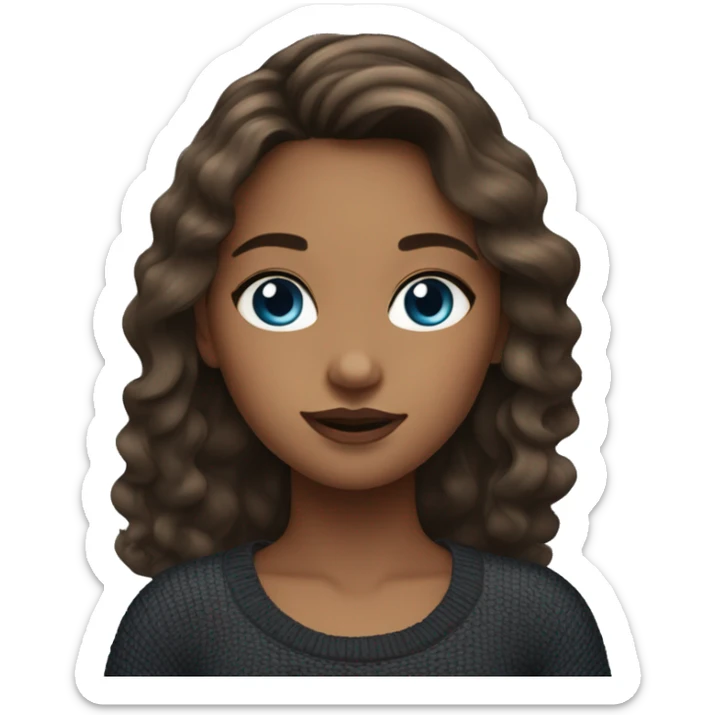 girl with latina makeup, long brown hair with surfer waves, blue eyes, wearing a black sweater. sticker