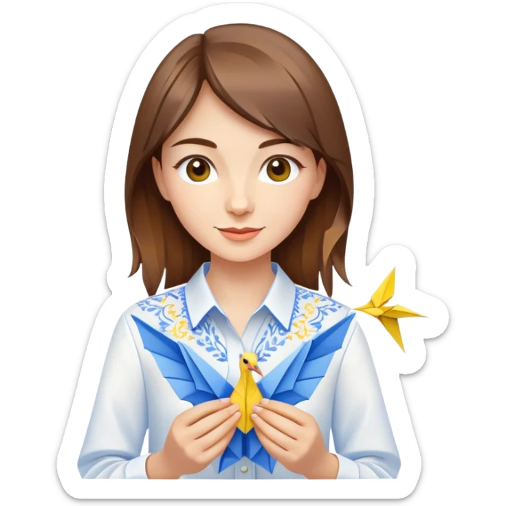 A happy Ukrainian young girl with brown hair in a white embroidered shirt makes an origami of a yellow and blue crane sticker