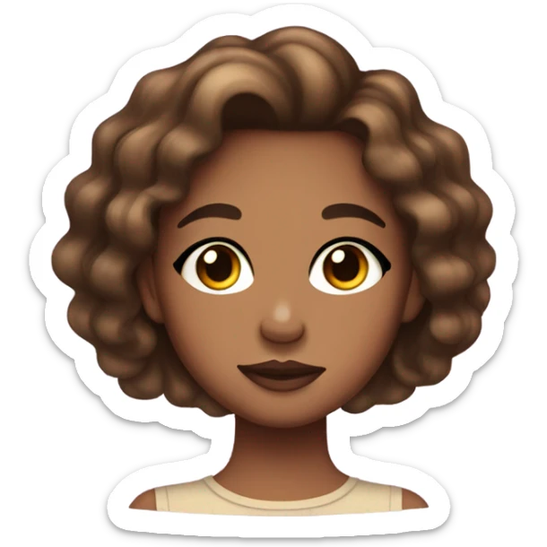 Round face girl with a little freckles in her cheek with glittery eye shadow and a wavy brown hair sticker