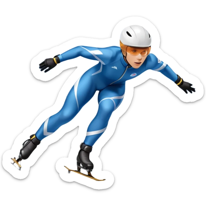 An icon showing a grand arena, snow-covered mountains in the distance, and a crisp blue sky. professional speed skater leaning into a turn on a polished ice track, dressed in a sleek suit and helmet. Transparent background highlights speed and precision. sticker