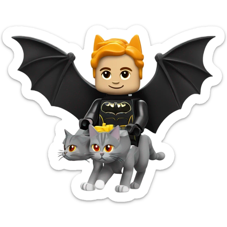 Lego Batman riding a Grey and black tabby kitten with white legs, and wings of fire  sticker