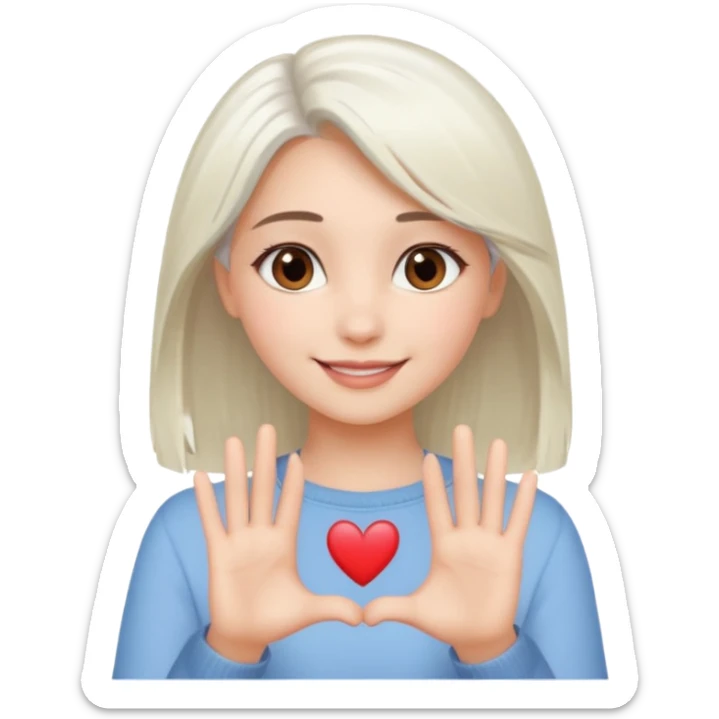 Beautiful girl. Platinum-colored hair just below the shoulders, straight, brown eyes, sweet smile. Hands in the shape of a heart.  sticker