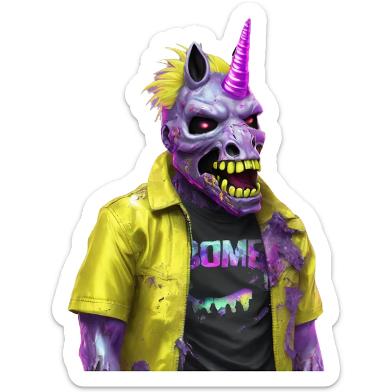 .Zombie_ Vaporwave black holographic oilslick zombie unicorn yellow caution tape sticker