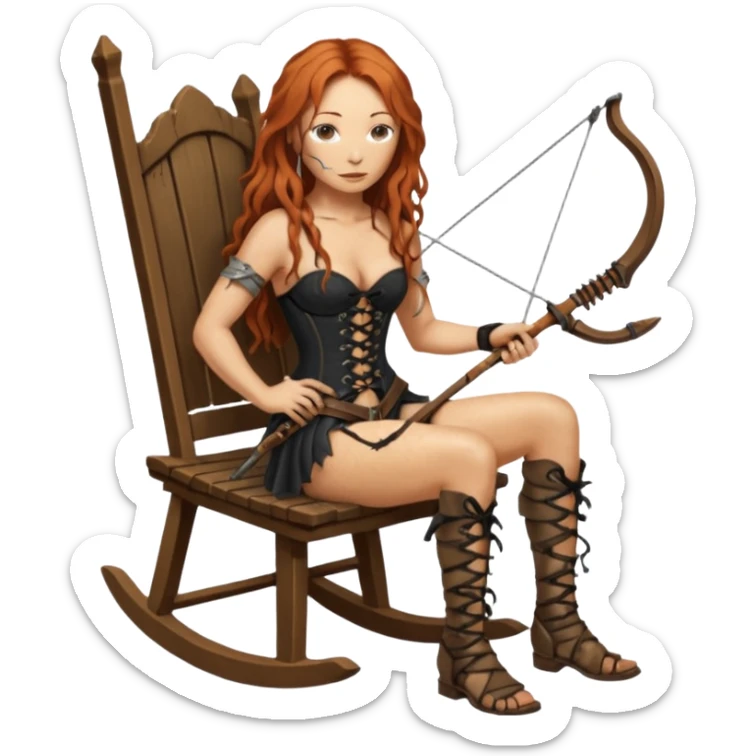 cinematic ultra HD Tori Amos casually crouches on a rocking chair in a torn corset, holding a medieval hunting crossbow and with muddy feet. a bronze snake wrapped itself around the chair sticker