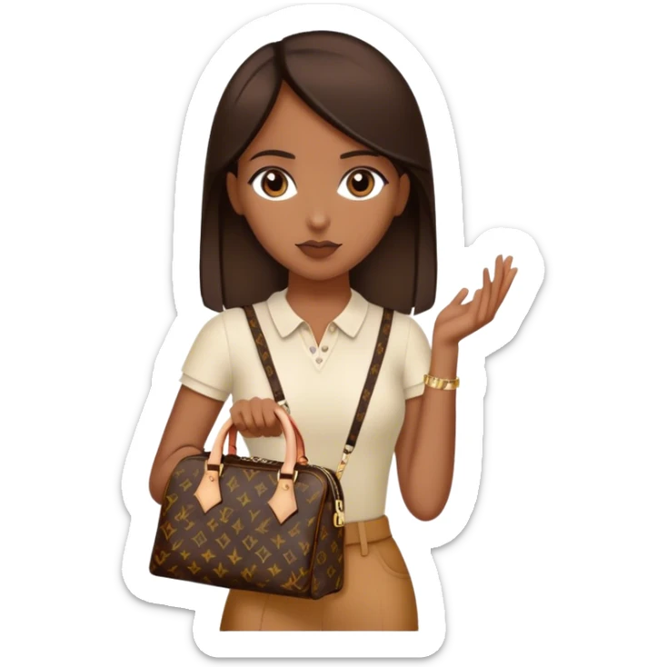  Brown girl with dark brown medium straight hair carrying one Louis Vuitton purse on her arm while standing  sticker