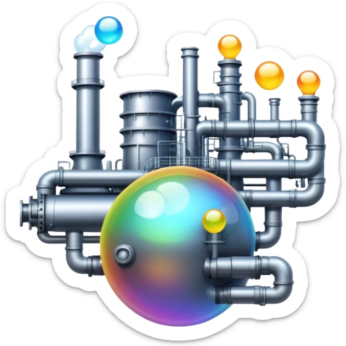 An emoji of a factory, but instead of smoke, creative ideas are coming out as glowing bubbles. sticker