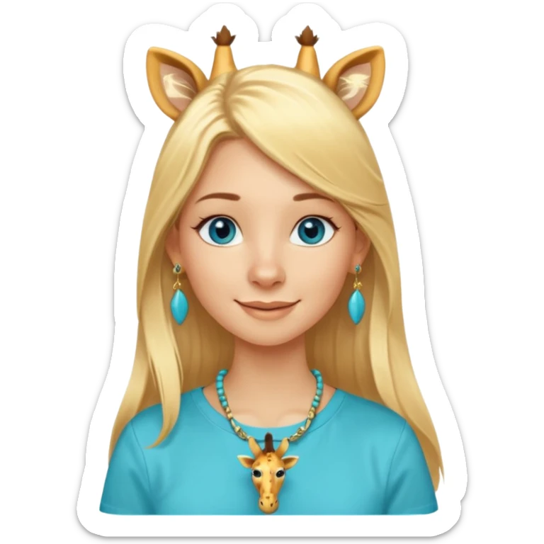 Swedish girl blonde long straigt hair blue eyes turqoise shirt gold earings girrafe necklace gold small long lashes smiling closed mouth sticker