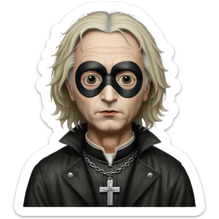 cinematic ultra HD portrait of Joel-Peter Witkin,  he wears a small black mask, a small crucifix is ​​sewn onto the black mask between the eyes of the portrait, he wears a worn leather coat and very disheveled hair sticker