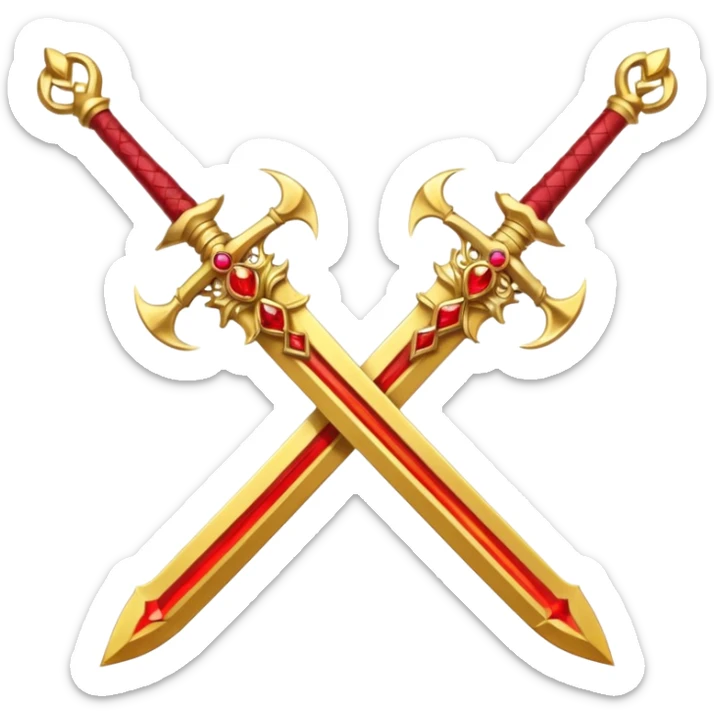 Two crossed swords that are golden in blade and handle and have fiery and royal appearence to them as well as red gem stones yellow in color sticker
