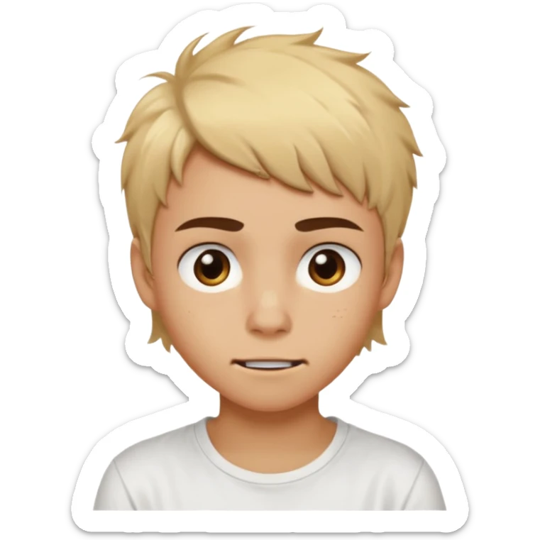 caramel skin color. Teen age. Short buzz, messy blonde hair, dark brown bushy eyebrows large expressive golden-brown eyes, brown skin color, scar over nose, wearing a plain white t-shirt. Awkward smirk with visible teeth. sticker