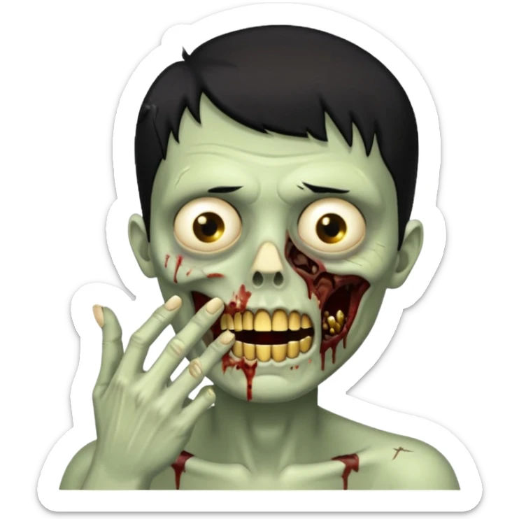 faça um homem zumbi, de cabelo baixo mostrando o dente de ouro, com a mão na boca sticker