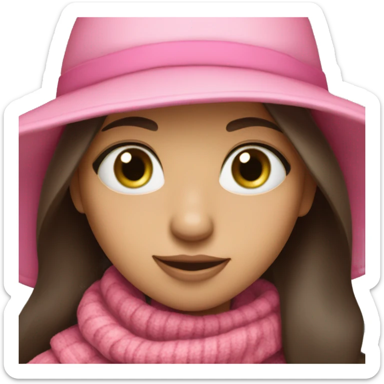 A girl with green eyes and long dark brown hair wearing a pink hat with pop mom and scarf sticker