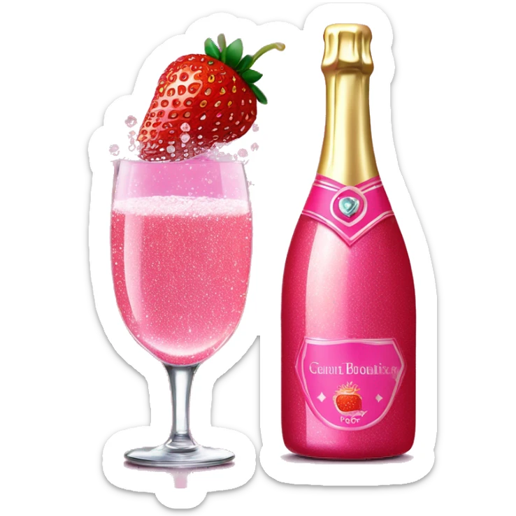 Realistic sparkling diamond glam hot pink champagne bottle with hot pink champagne in glass with strawberry ì> sticker