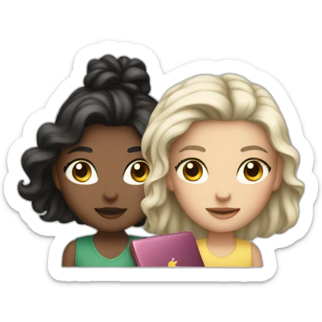 two girls, one with dark hair, the other with light hair, are standing behind macbooks sticker
