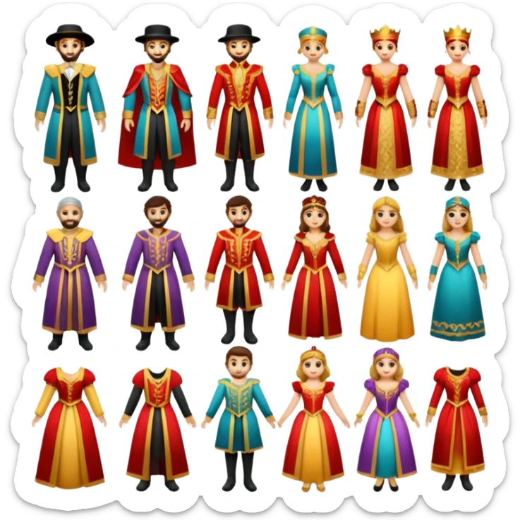create a series of images for Theatre costumes Inventory showing a variety of costume styles without a person sticker